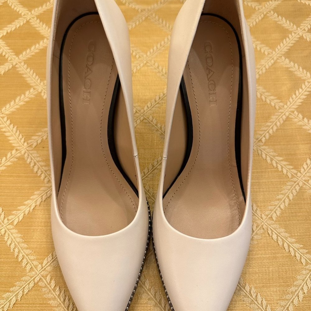Coach Waverly Bead-Trim Ivory Leather Pumps